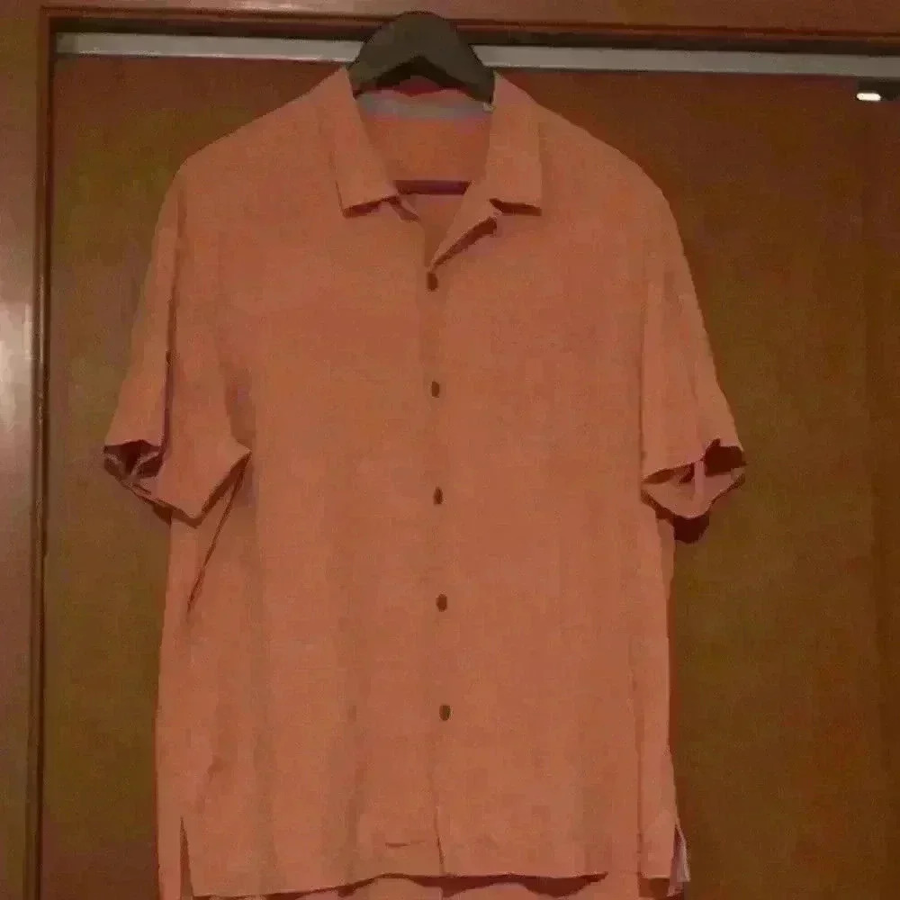 Tommy Bahama Mens 100% Silk Short Sleeve Button Down Shirt Salmon Orange Large